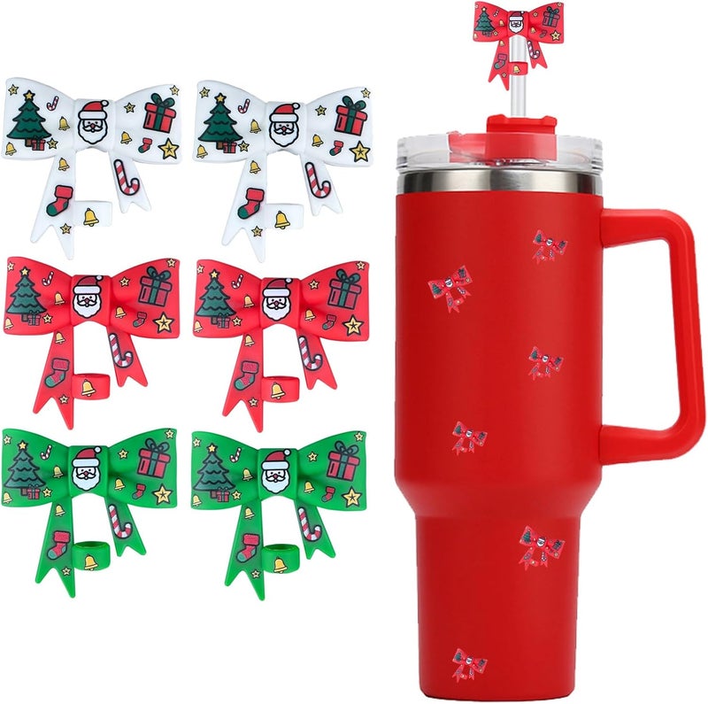 HIUSITY Christmas Bow Straw Cover Topper for Stanley Cup,Silicone Straw Toppers for Tumbler with Handle 40oz,Cute 10mm/0.4in Straws Covers Cap,Reusable Straws Lid for Stanley Cups Accessories,6Pcs - Image 1